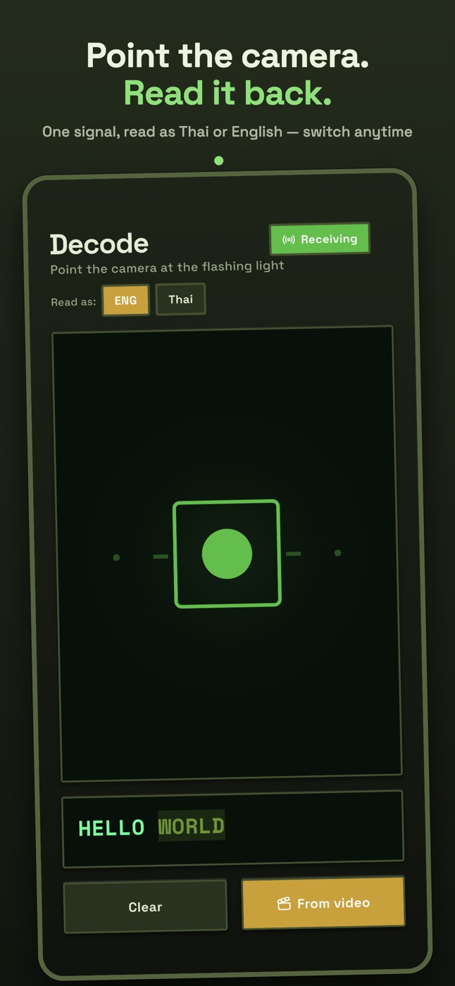 Blinkode camera decoding a flashing Morse signal into text