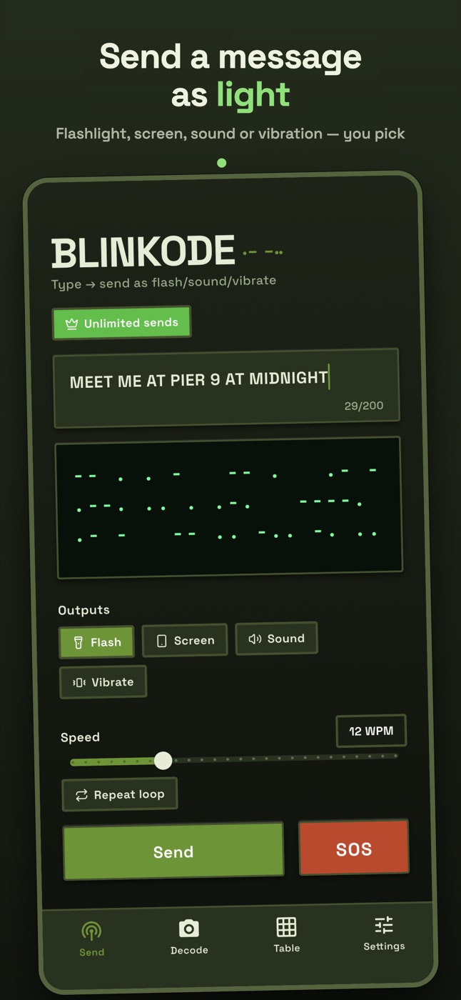 Blinkode send screen, ready to transmit a message as Morse code